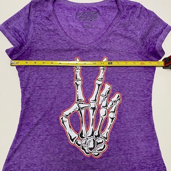 Rocker Girl All Access Women’s Purple Semi Sheer Bony Finger Peace Sign Shirt - Picture 6 of 9